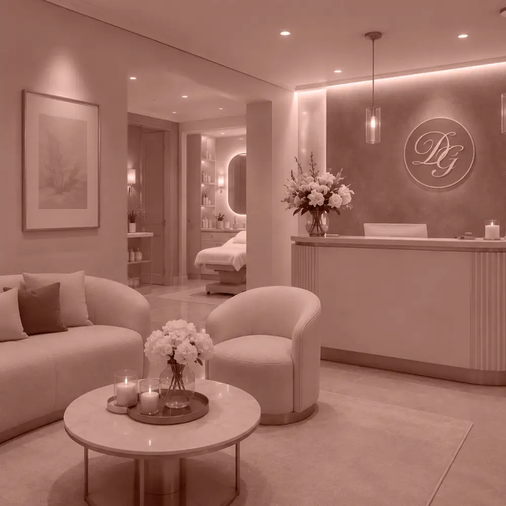Intérieur élégant d'un spa avec canapé et réception.
