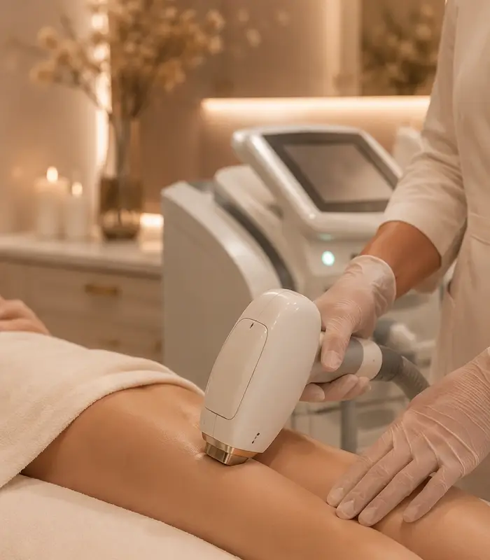 Traitement laser sur la jambe dans un spa.
